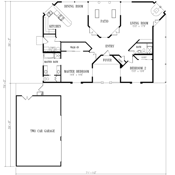 Floor Plan - Main Floor for Ranch House Plan #1-344 - 2 bed, 2 bath