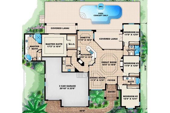 Floor Plan - Main Floor for European House Plan #27-436 - 4 bed, 3 bath