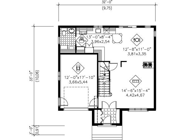 Floor Plan - Main Floor for European House Plan #25-4152 - 3 bed, 1.5 bath