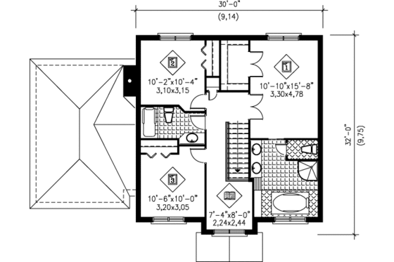 Floor Plan - Upper Floor for European House Plan #25-284 - 3 bed, 2.5 bath