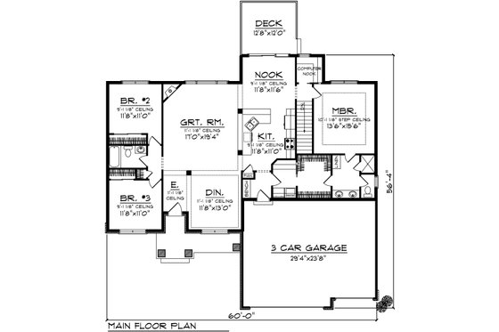 Floor Plan - Main Floor for Bungalow House Plan #70-1070 - 3 bed, 2 bath