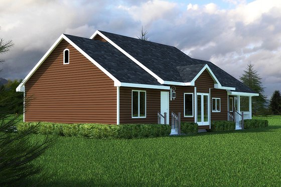 Country style home, ranch design, rear elevation