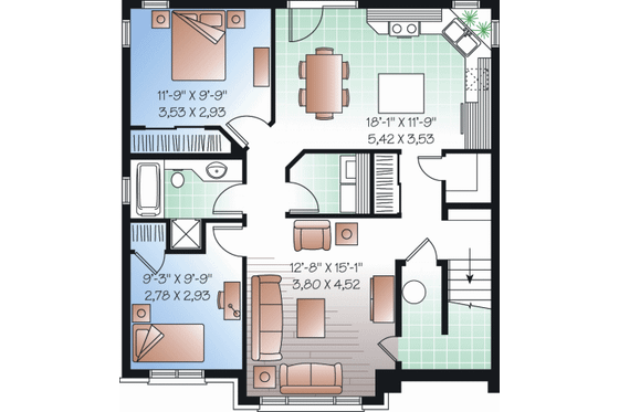 Floor Plan - Lower Floor for Traditional House Plan #23-2196 - 2 bed, 1 bath
