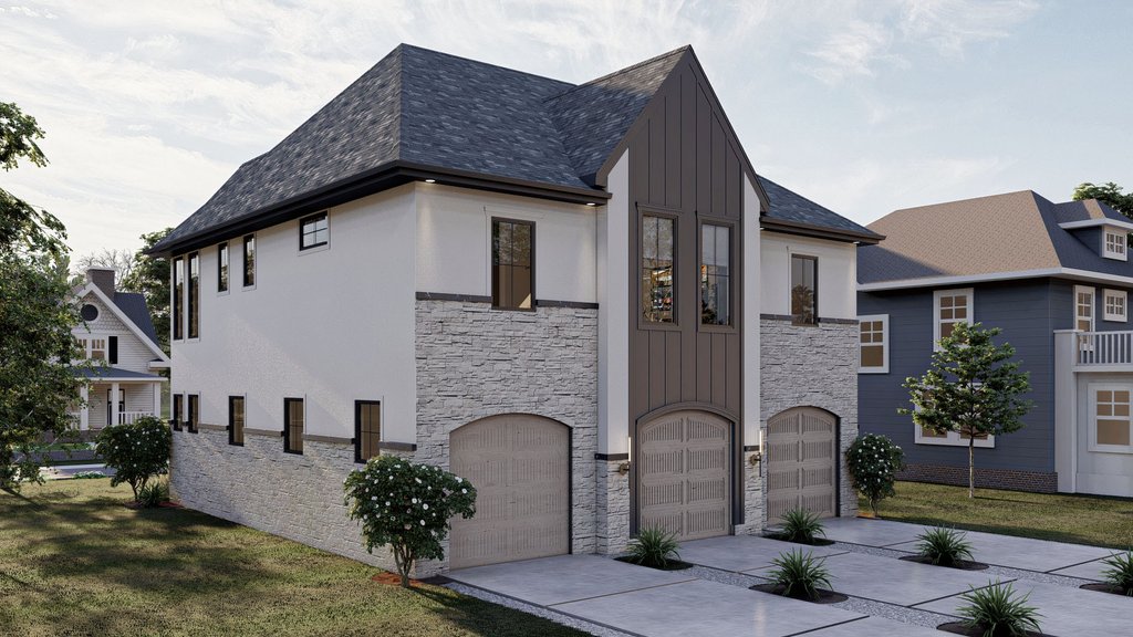 House with three garage bays and grey stone
