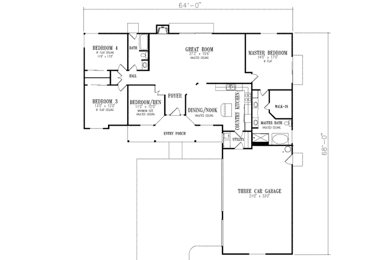 House Blueprint - Floor Plan - Main Floor for Mediterranean House Plan #1-424 - 4 bed, 2 bath