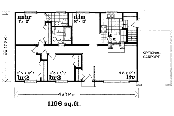 Floor Plan - Main Floor for Ranch House Plan #47-522 - 3 bed, 1.5 bath