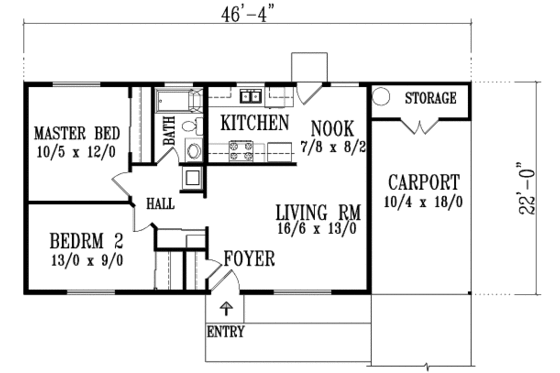 Floor Plan - Main Floor for Ranch House Plan #1-466 - 2 bed, 1 bath