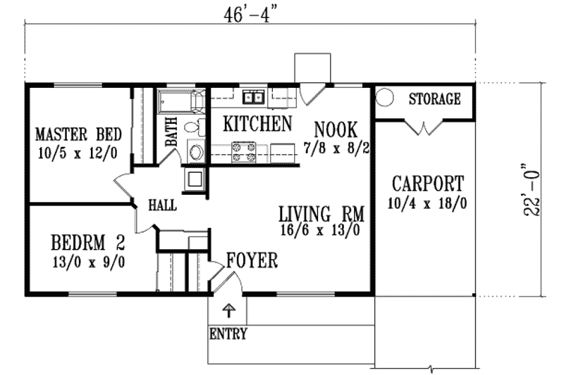 Home Plan - Floor Plan - Main Floor for Ranch House Plan #1-466 - 2 bed, 1 bath