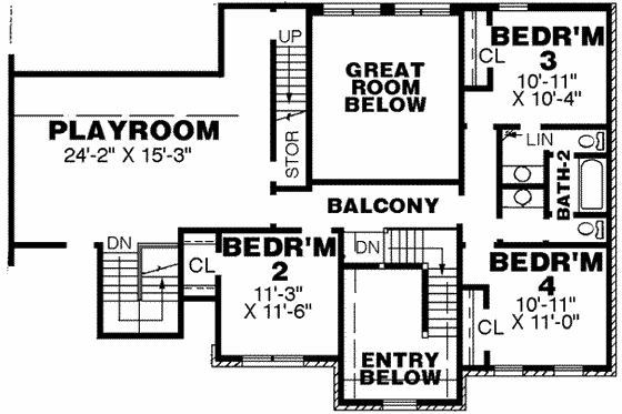 Floor Plan - Upper Floor for Traditional House Plan #34-209 - 4 bed, 2.5 bath