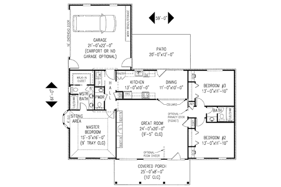 Floor Plan - Main Floor for Ranch House Plan #11-109 - 3 bed, 2.5 bath