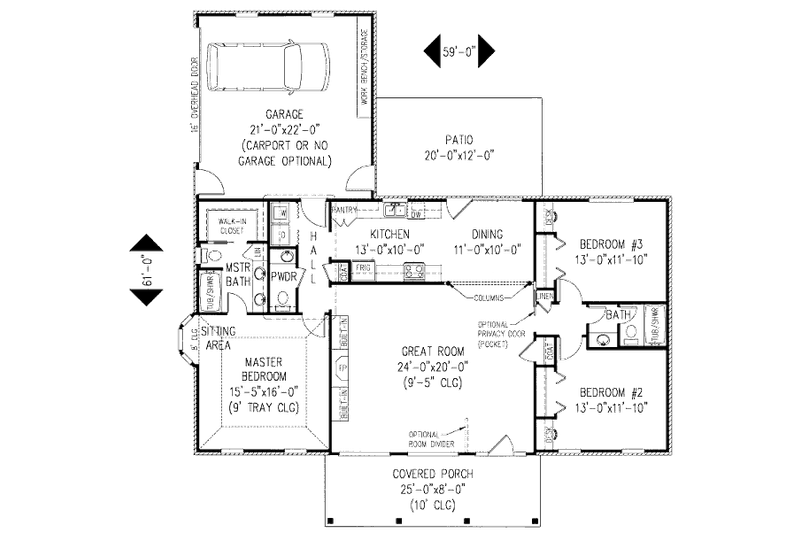 House Blueprint - Floor Plan - Main Floor for Ranch House Plan #11-109 - 3 bed, 2.5 bath