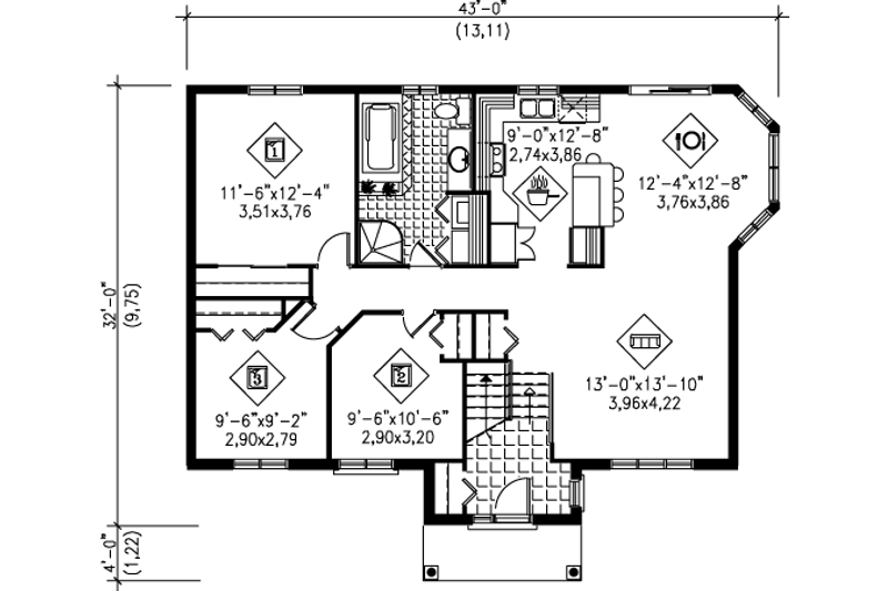 House Blueprint - Floor Plan - Main Floor for Traditional House Plan #25-4094 - 3 bed, 1 bath