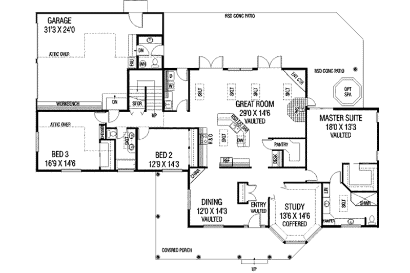 House Design - Floor Plan - Main Floor for Southern House Plan #60-626 - 3 bed, 4 bath