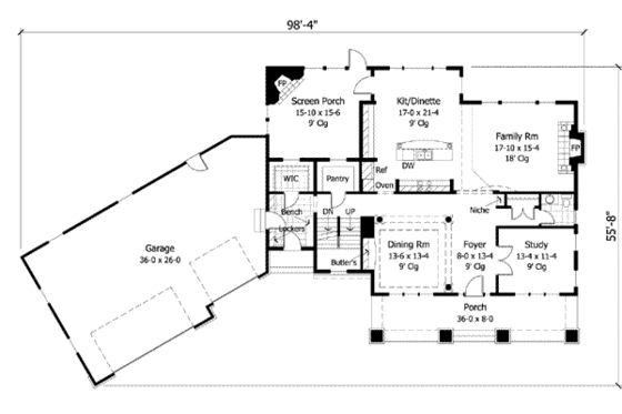 Country house plan with Craftsman details, floor plan
