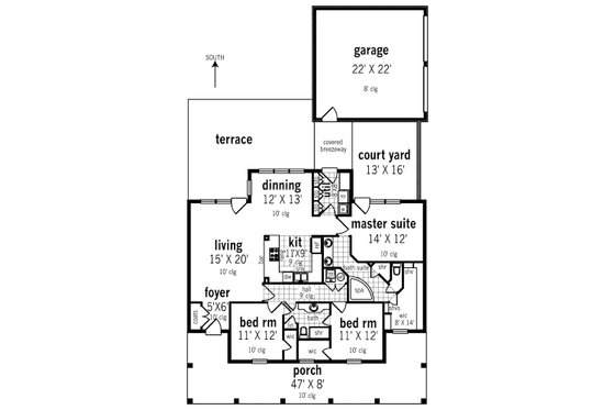 Floor Plan - Main Floor for Southern House Plan #45-573 - 3 bed, 2 bath