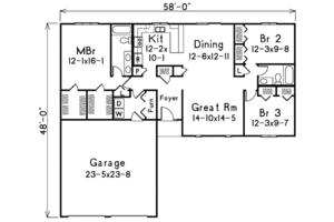 Floor Plan - Main Floor for Ranch House Plan #57-231 - 3 bed, 2 bath