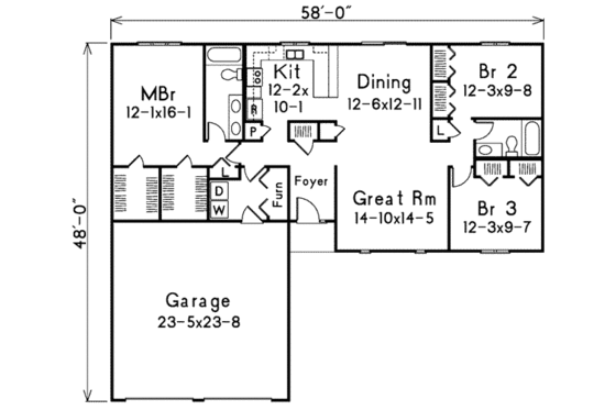 Floor Plan - Main Floor for Ranch House Plan #57-231 - 3 bed, 2 bath