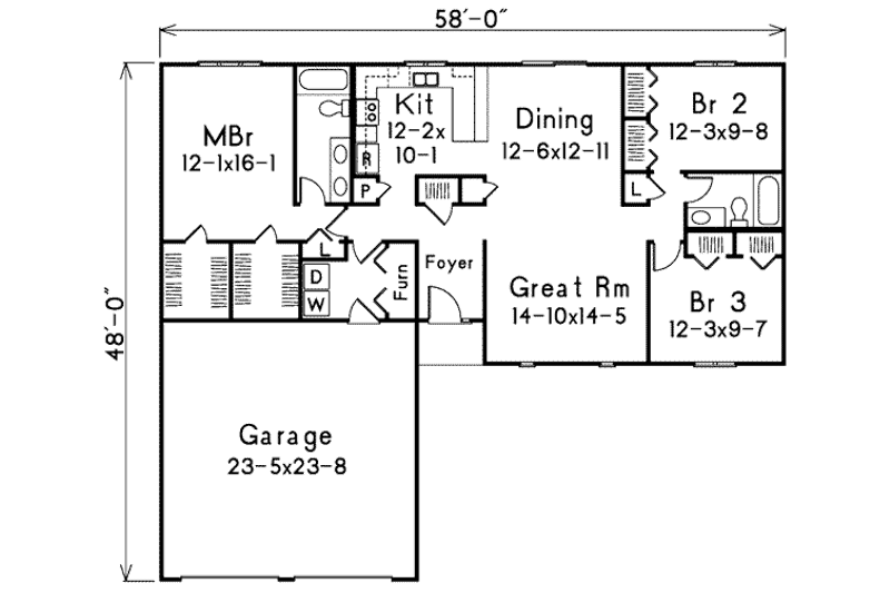 Dream House Plan - Floor Plan - Main Floor for Ranch House Plan #57-231 - 3 bed, 2 bath