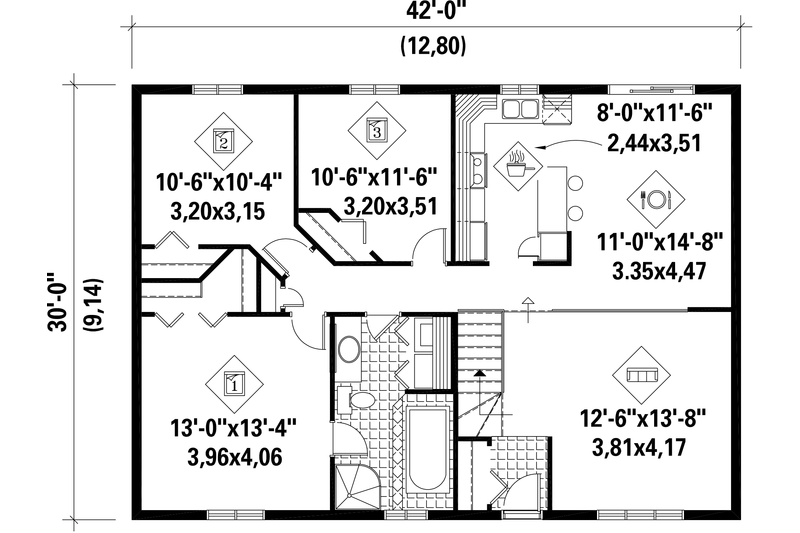 House Blueprint - Floor Plan - Main Floor for Country House Plan #25-4815 - 3 bed, 1 bath