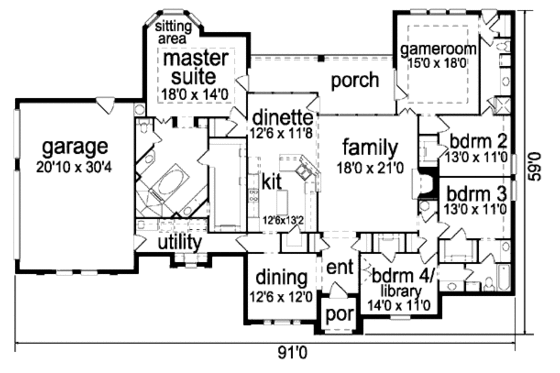 Floor Plan - Main Floor for European House Plan #84-321 - 4 bed, 3 bath