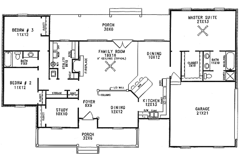Architectural House Design - Floor Plan - Main Floor for Country House Plan #14-112 - 3 bed, 2 bath
