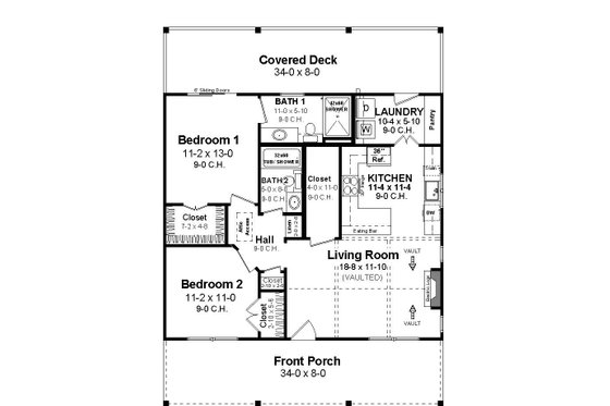 Floor Plan - Main Floor for Farmhouse House Plan #21-500 - 2 bed, 2 bath