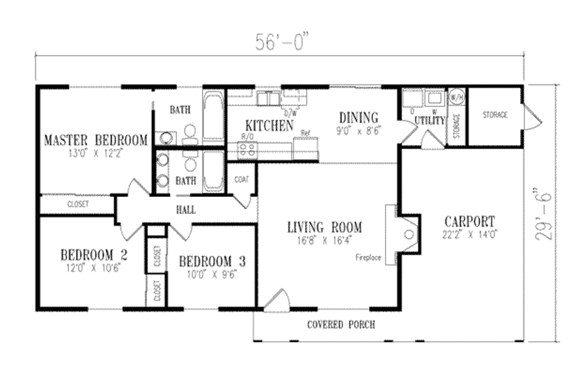 Home Plan - Floor Plan - Main Floor for Ranch House Plan #1-160 - 2 bed, 3 bath