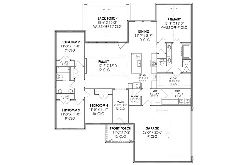 Architectural House Design - Floor Plan - Main Floor for Country House Plan #1096-105 - 4 bed, 2 bath