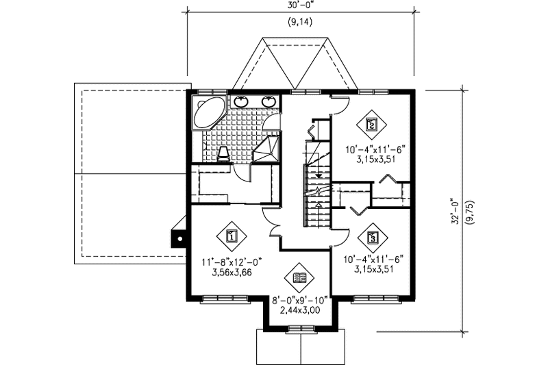 House Blueprint - Floor Plan - Upper Floor for Colonial House Plan #25-286 - 3 bed, 1.5 bath