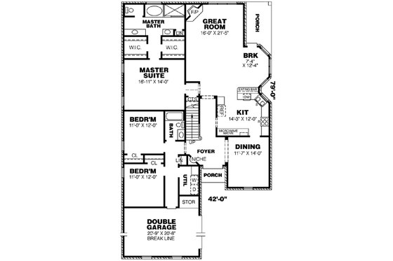 Floor Plan - Main Floor for Southern House Plan #34-182 - 4 bed, 3 bath