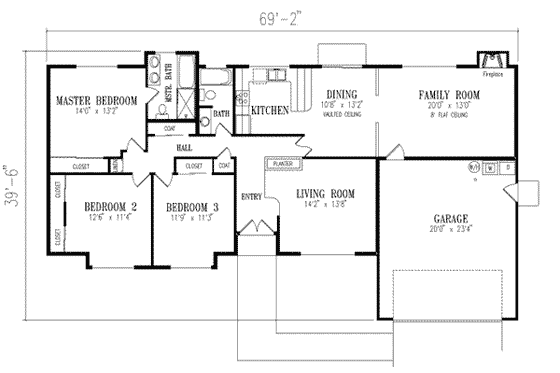 Floor Plan - Main Floor for Ranch House Plan #1-345 - 3 bed, 2 bath