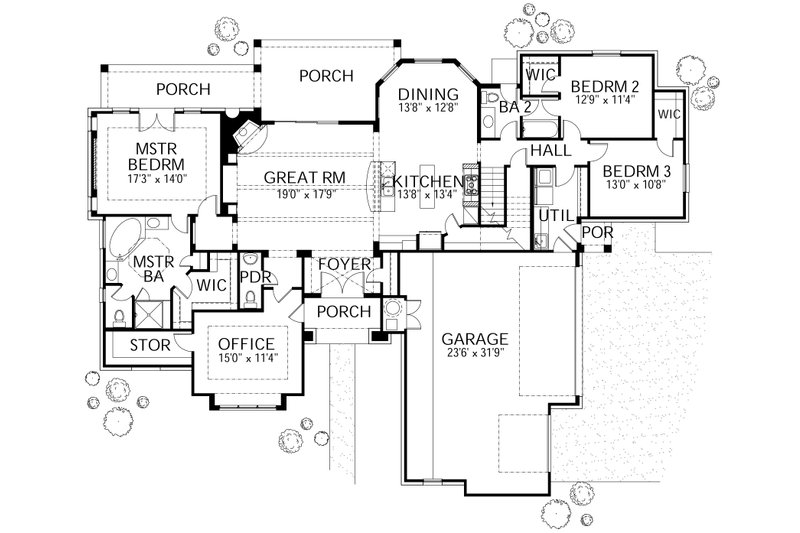 House Blueprint - Floor Plan - Main Floor for Mediterranean House Plan #80-126 - 4 bed, 3.5 bath