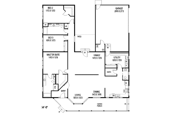 Floor Plan - Main Floor for Ranch House Plan #60-490 - 3 bed, 2 bath
