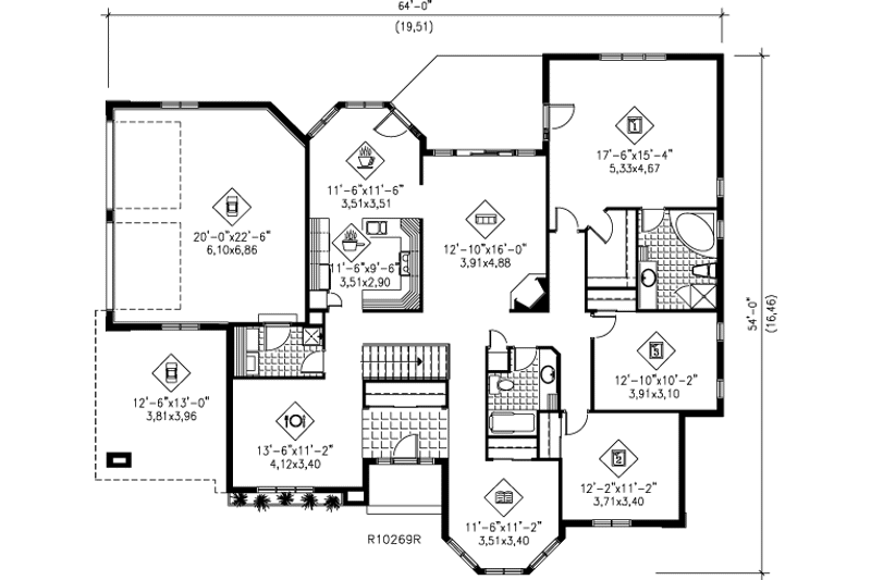 Architectural House Design - Floor Plan - Main Floor for Mediterranean House Plan #25-143 - 3 bed, 2 bath