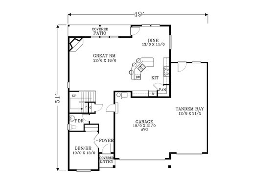 Floor Plan - Main Floor for Craftsman House Plan #53-554 - 4 bed, 2.5 bath