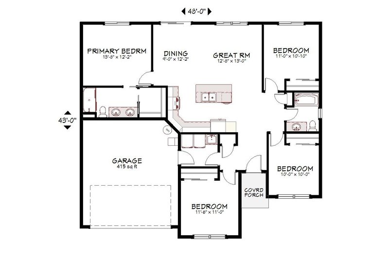 House Blueprint - Floor Plan - Main Floor for Ranch House Plan #943-61 - 4 bed, 2 bath