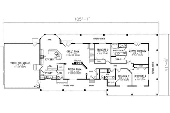 Floor Plan - Main Floor for Ranch House Plan #1-454 - 4 bed, 3.5 bath