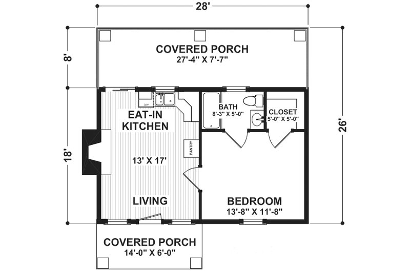 House Blueprint - Floor Plan - Main Floor for Cottage House Plan #56-715 - 1 bed, 1 bath