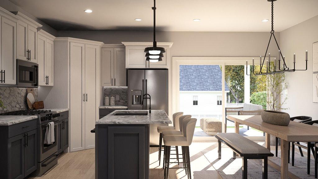 Open kitchen and dining area.