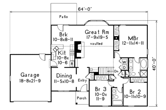Floor Plan - Main Floor for Ranch House Plan #57-202 - 3 bed, 2 bath