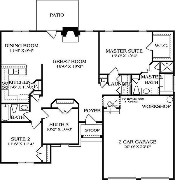 Main level floor plan - 1400 square foot European home