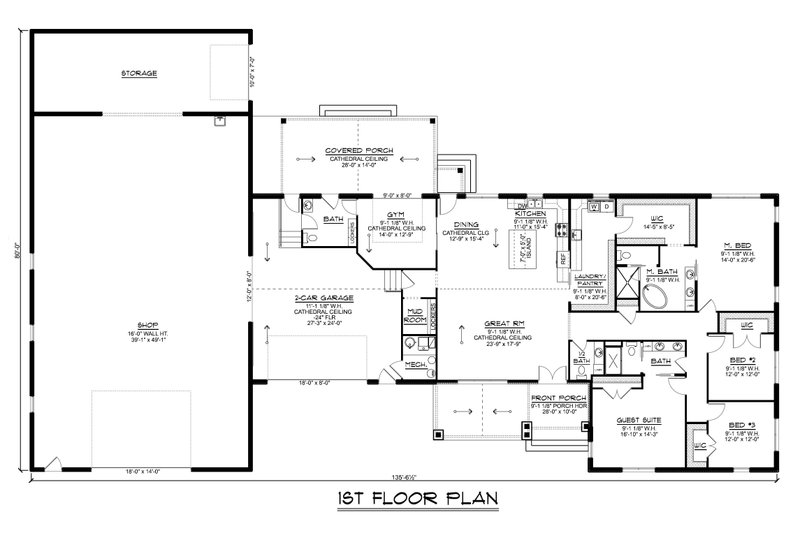 House Blueprint - Floor Plan - Main Floor for Barndominium House Plan #1064-314 - 4 bed, 2.5 bath