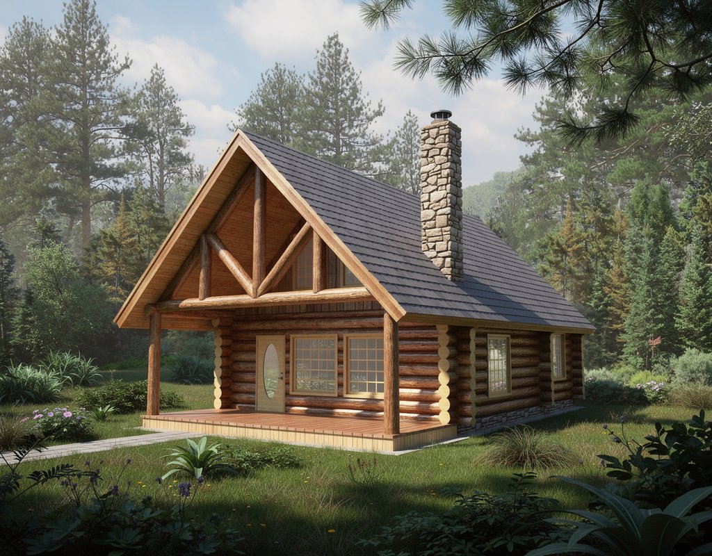 Exterior - Front Elevation 2 for Log House Plan #117-500 - 1 bed, 1 bath