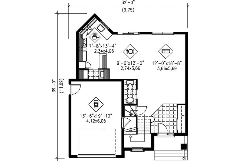 Architectural House Design - Floor Plan - Main Floor for European House Plan #25-2050 - 3 bed, 1.5 bath