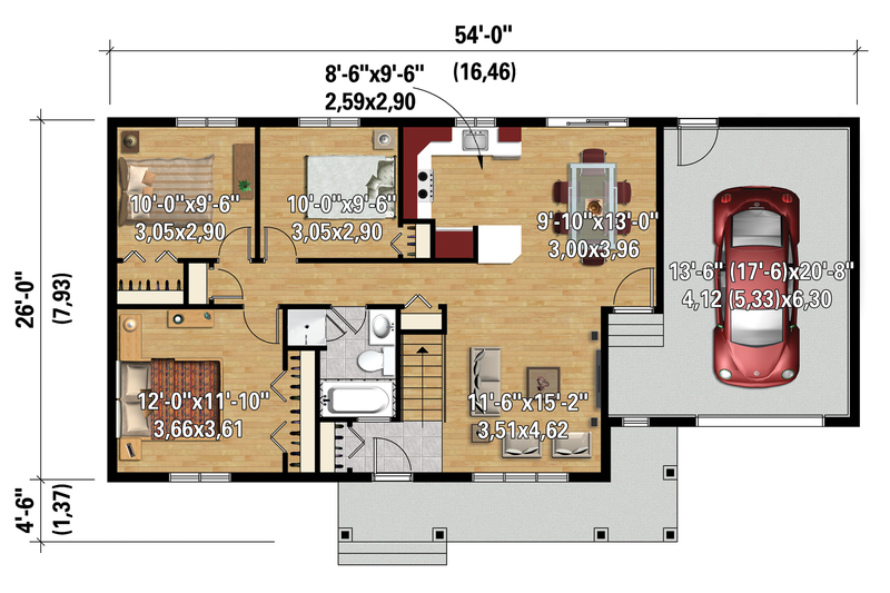 House Blueprint - Floor Plan - Main Floor 1 for Country House Plan #25-4461 - 3 bed, 1 bath