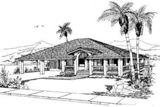 Exterior - Front Elevation for Adobe / Southwestern House Plan #303-321 - 2 bed, 2 bath