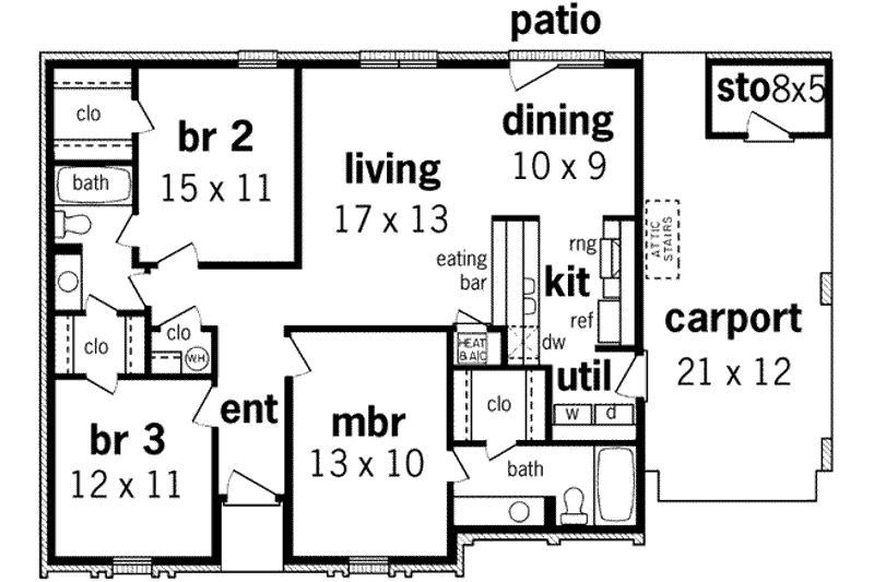 House Blueprint - Floor Plan - Main Floor for Southern House Plan #45-232 - 3 bed, 2 bath