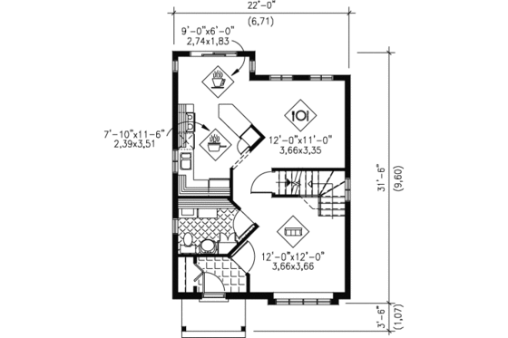 Floor Plan - Main Floor for European House Plan #25-4010 - 3 bed, 1.5 bath