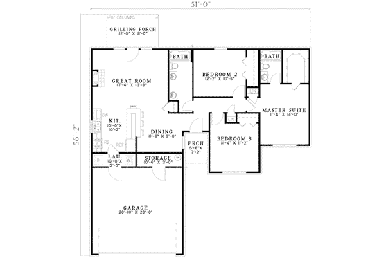 Floor Plan - Main Floor for Southern House Plan #17-2118 - 3 bed, 2 bath