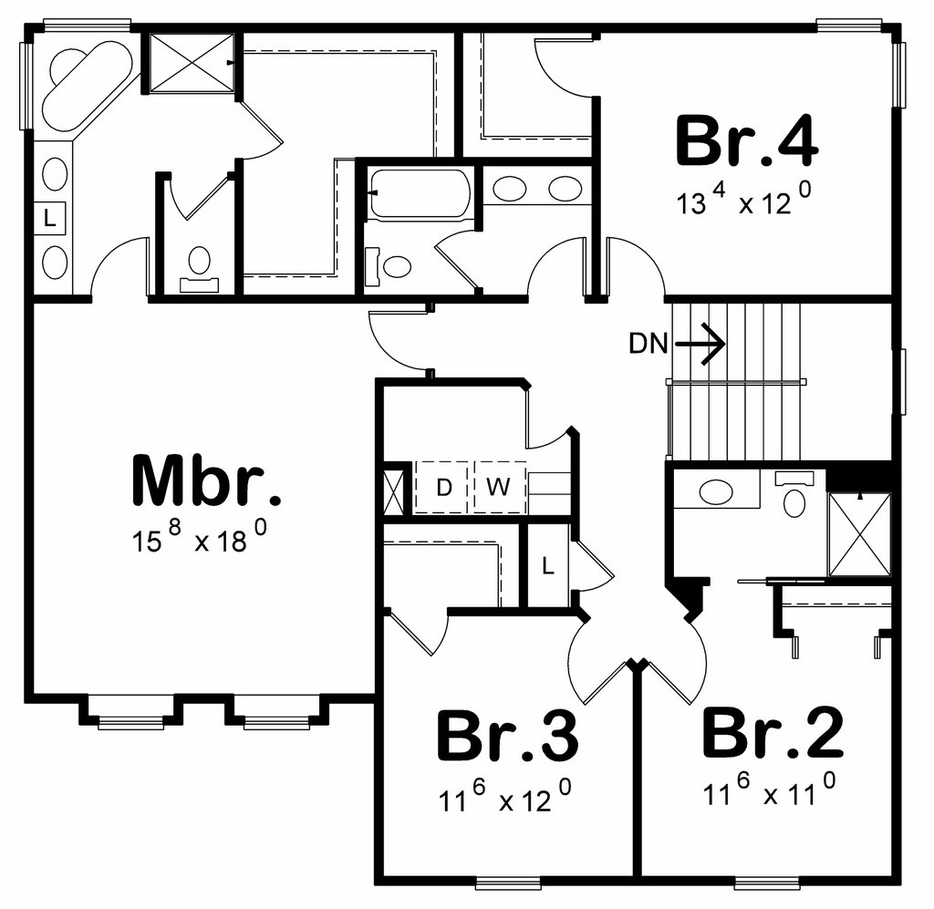 Upper-level floor plan with four bedrooms and several walk-in closets.